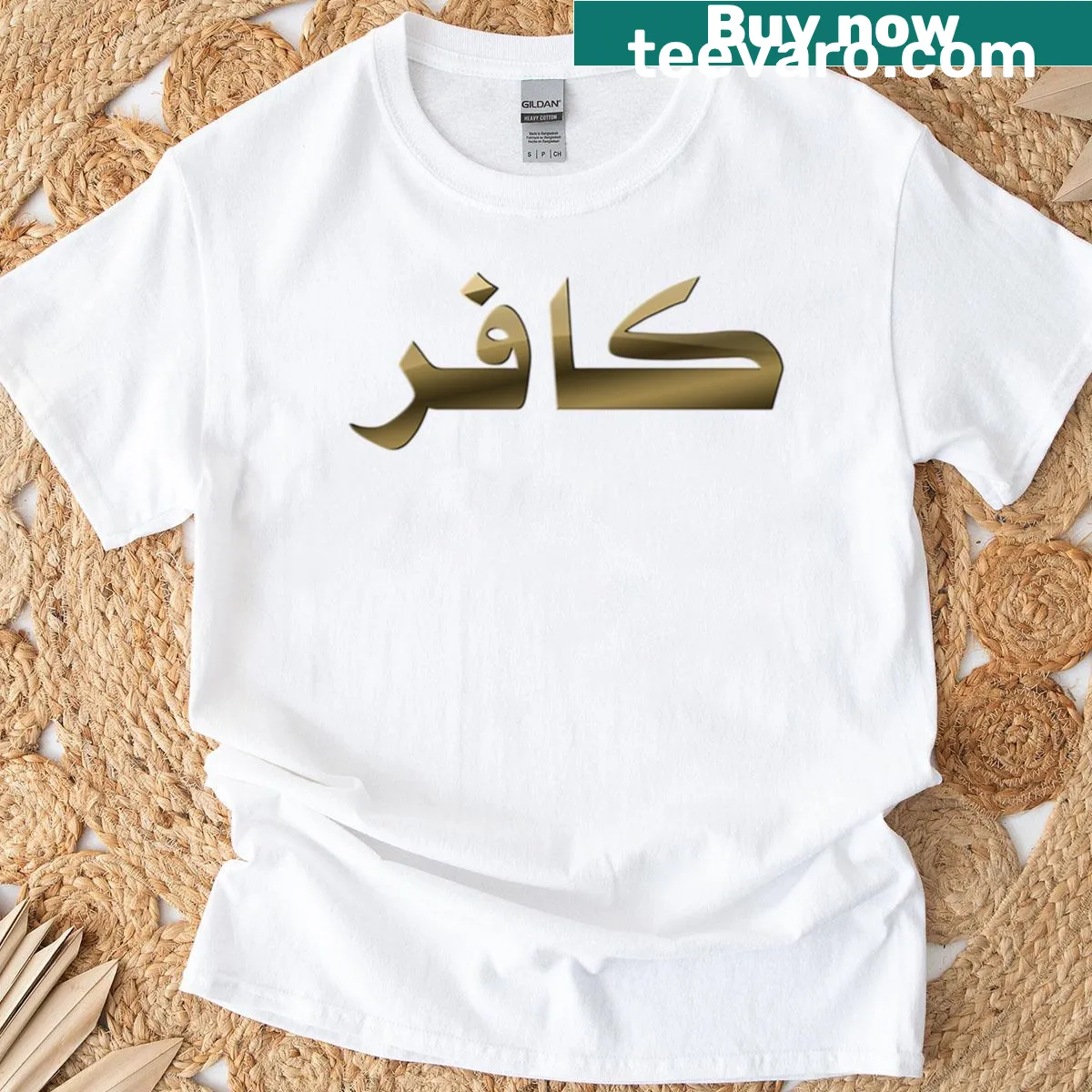 T-shirt featuring humorous phrase 'Kafir Infidel' in bold typography — on a men's t-shirt