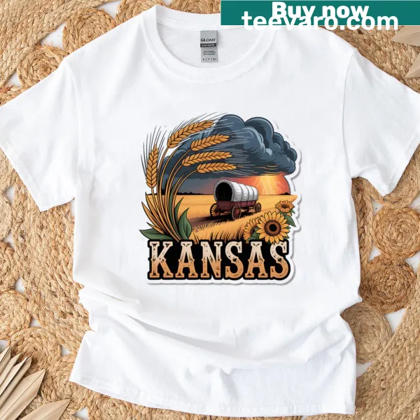 Illustration of Kansas prairie and sunflowers on T-shirt.