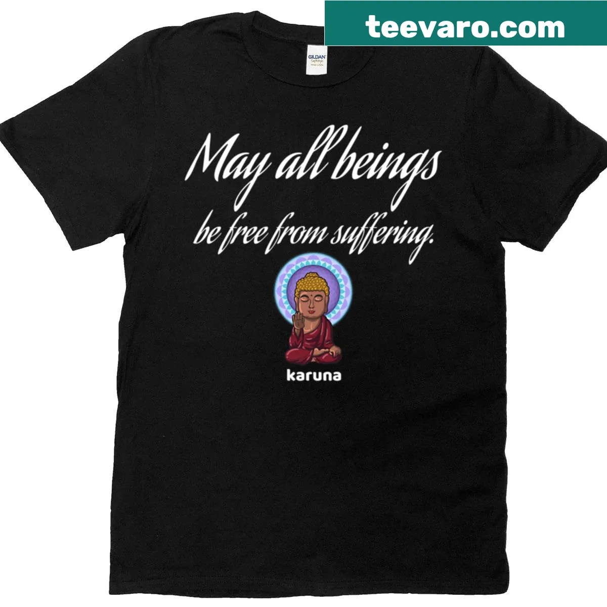 Minimalist typography t-shirt featuring the word 'Karuna' — on a men's t-shirt