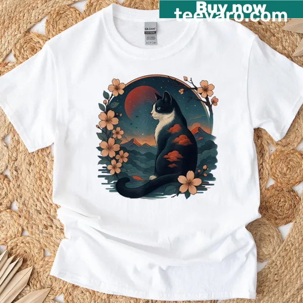 Kawaii t-shirt with traditional Japanese cat illustration