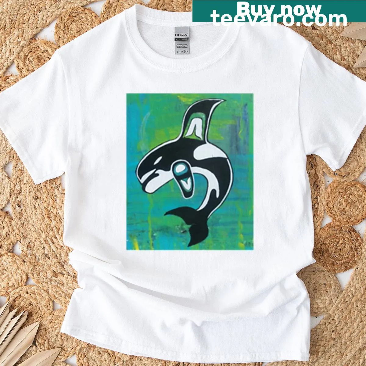 Killer whale formline art T-shirt with abstract design — on a men's t-shirt