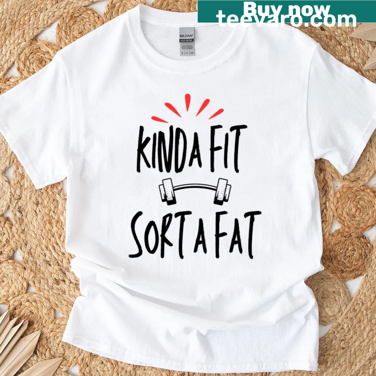 Humorous fitness shirt featuring 'Kinda Fit Sorta Fat' text in bold typography — on a men's t-shirt