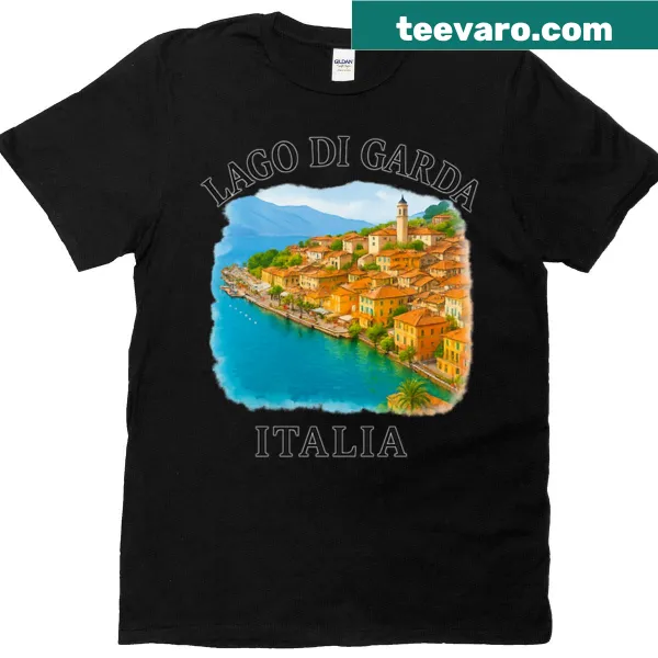 Vintage painting of Lake Garda on Italy travel t-shirt