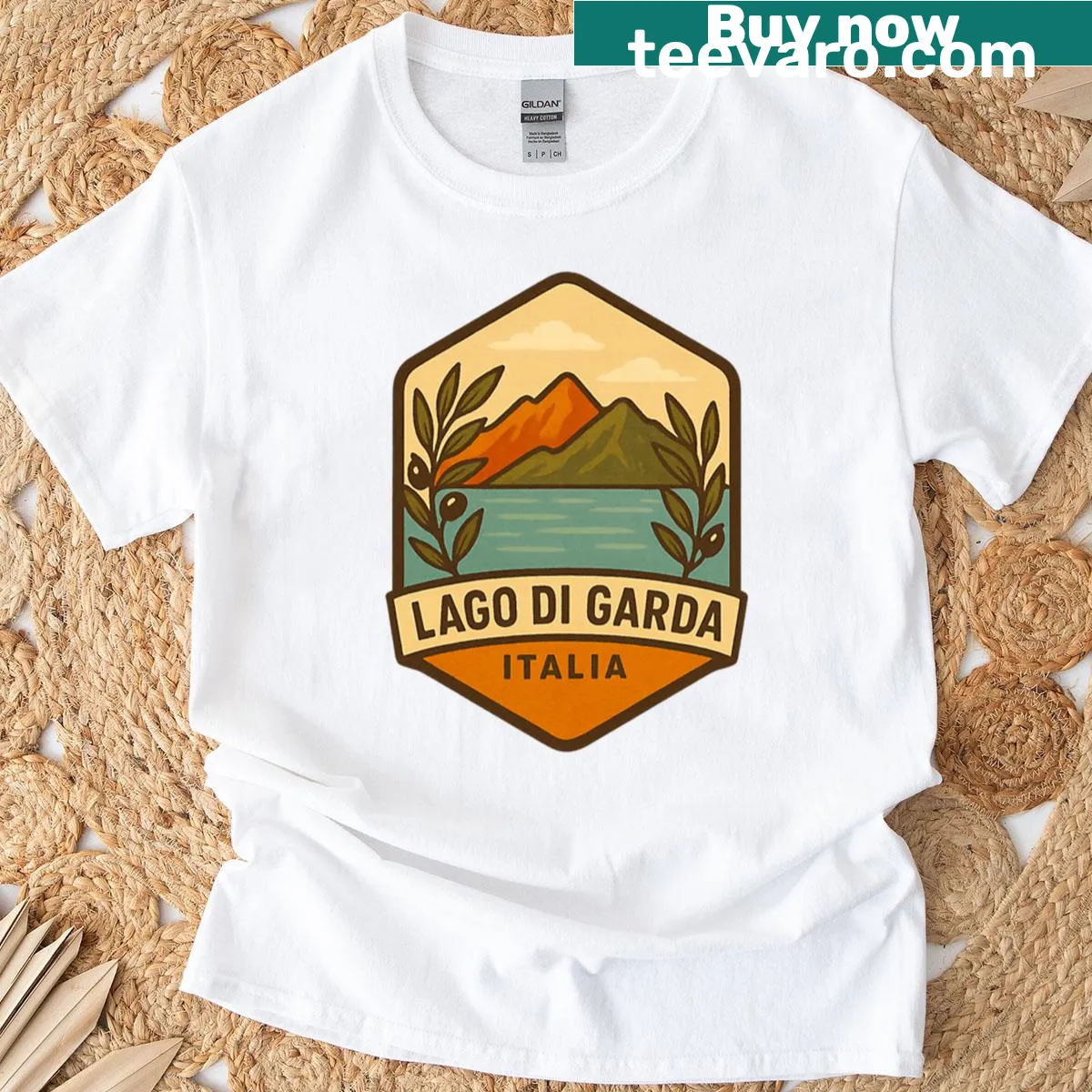 Vintage travel badge design T-shirt featuring Lago Di Garda — on a men's t-shirt