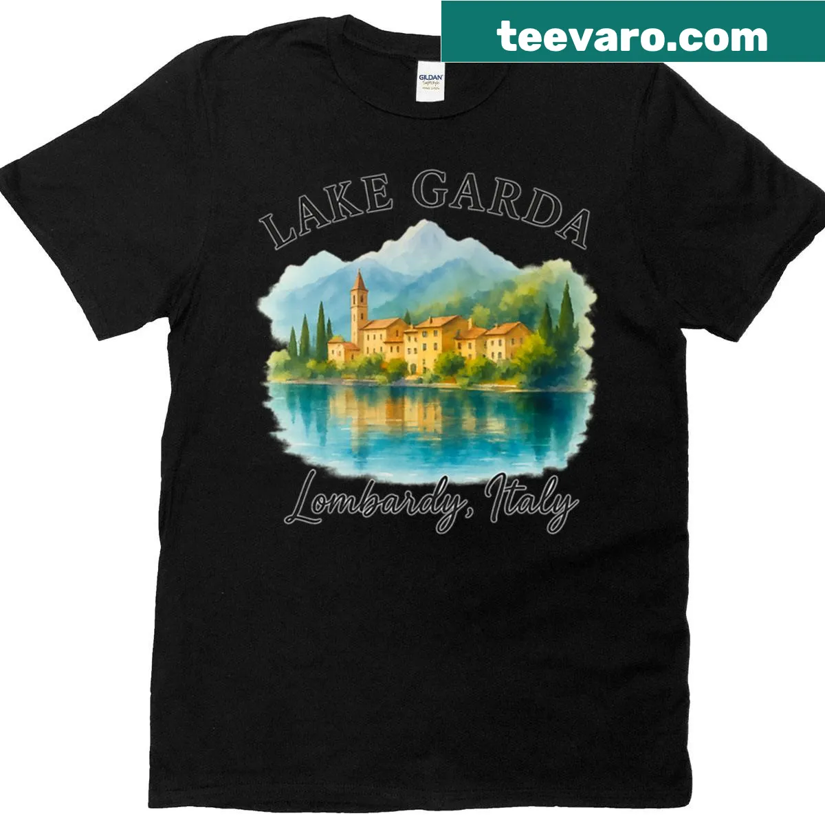 Watercolor village landscape of Lake Garda on a t-shirt — on a men's t-shirt