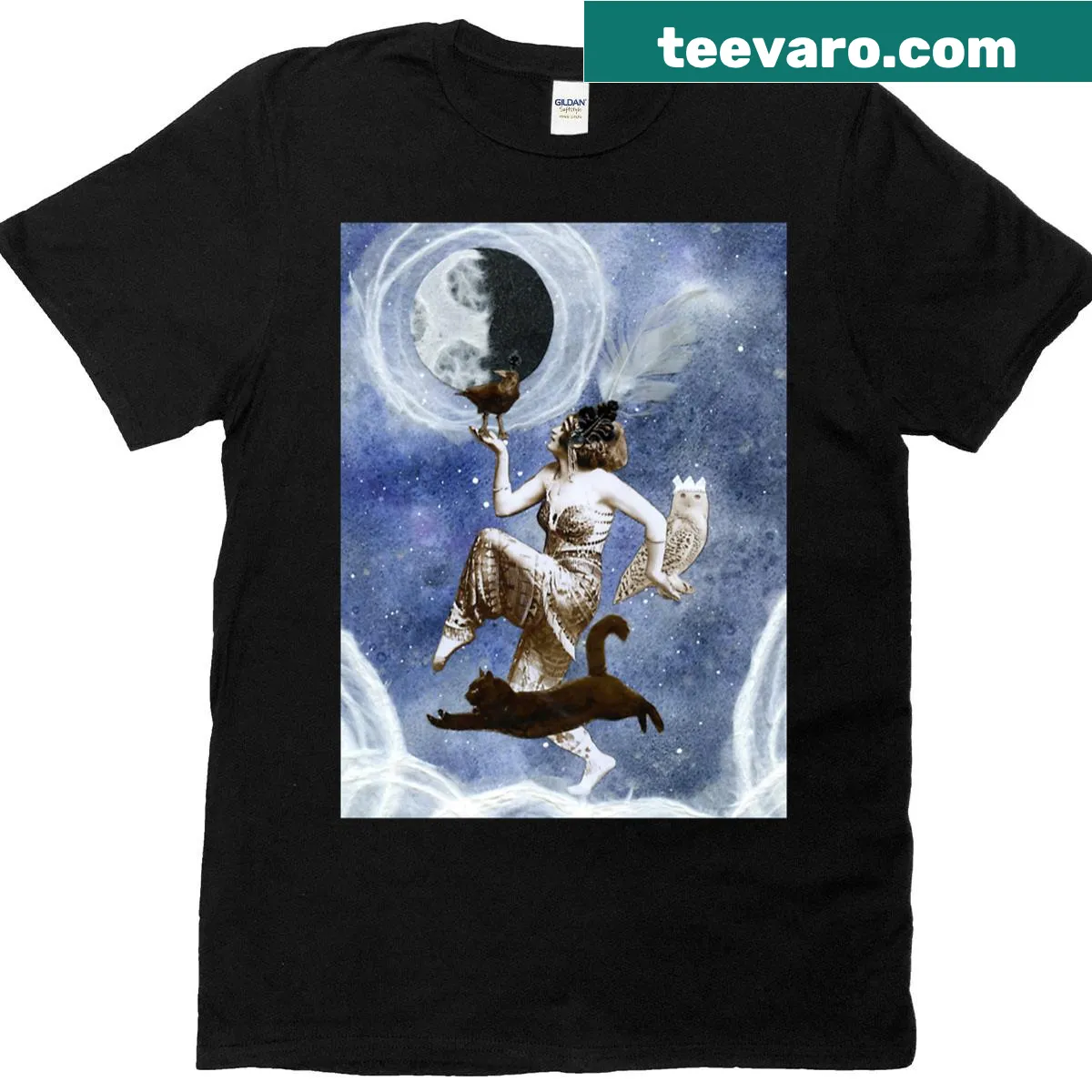 Whimsical illustration of a last quarter moon goddess on a t-shirt — on a men's t-shirt