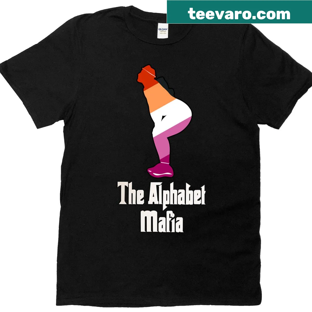 Whimsical T-shirt featuring a mafia character with the alphabet and pride elements. — on a men's t-shirt