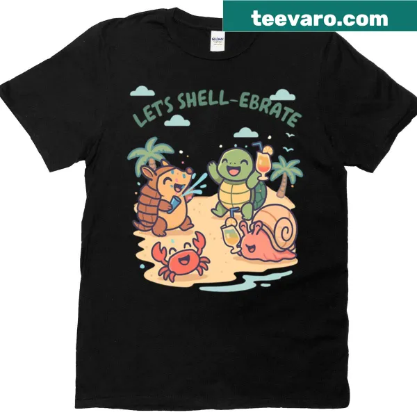 Shell-themed beach celebration T-shirt with playful design