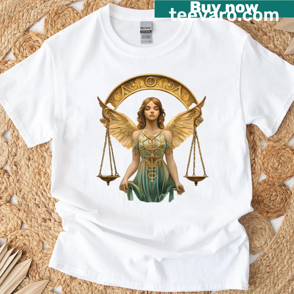 T-shirt featuring the Libra zodiac symbol and design elements. — on a men's t-shirt