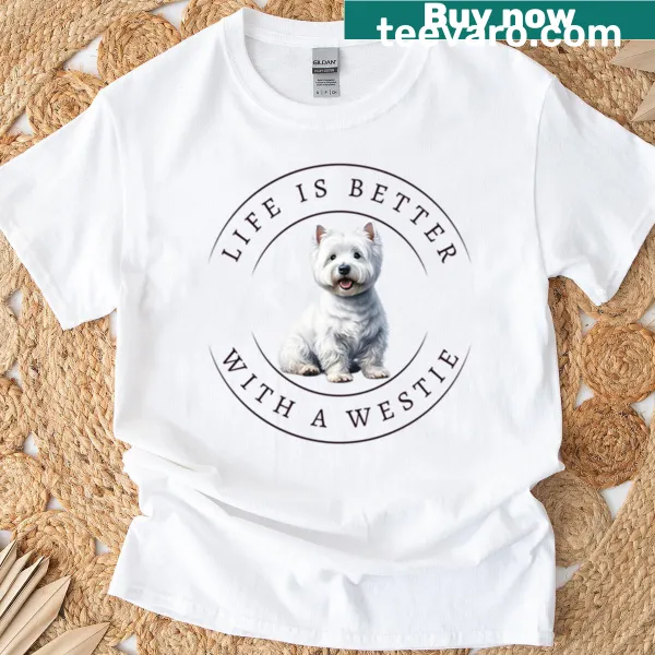 Westie-themed shirt with playful stamp design and illustration