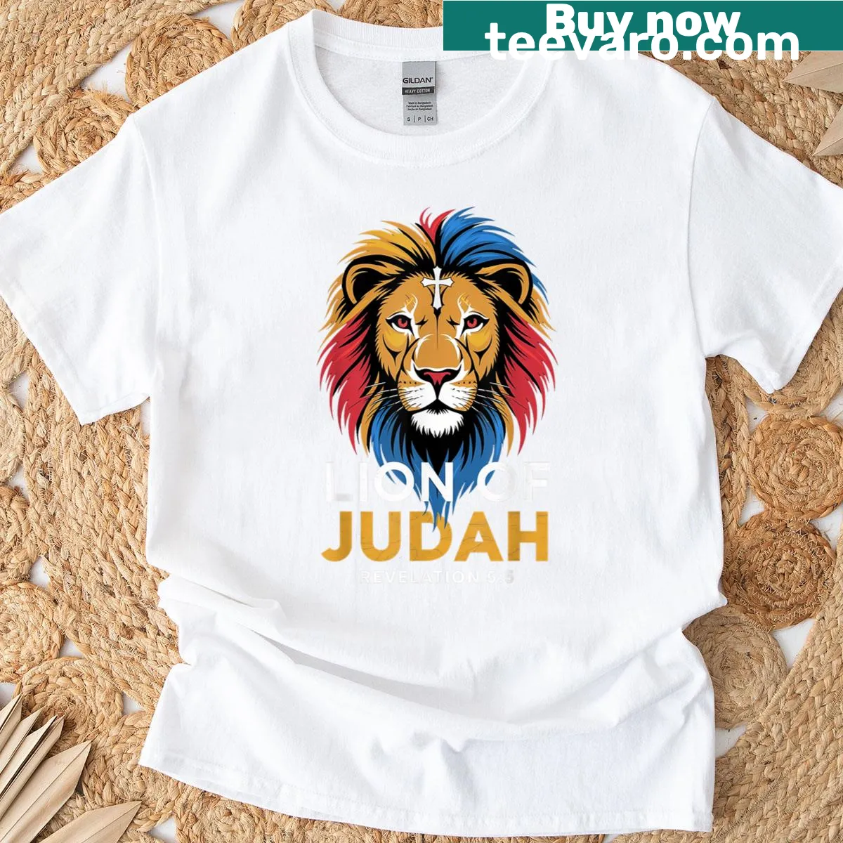 Lion of Judah t-shirt featuring cross and religious imagery — on a men's t-shirt