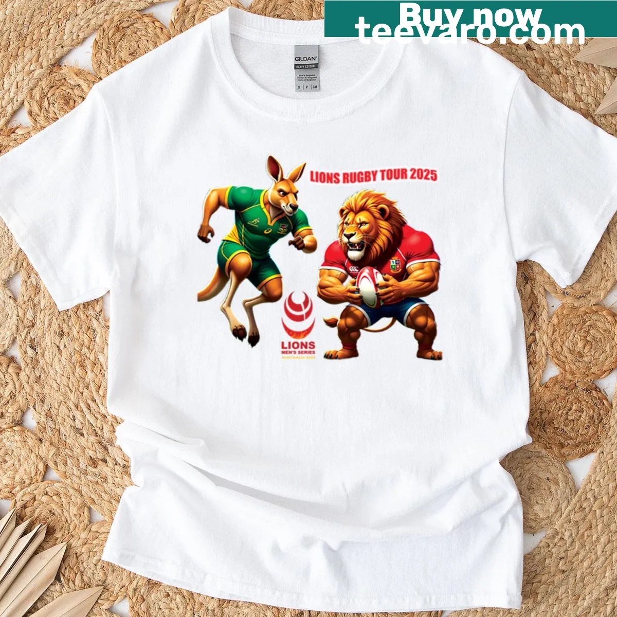 Graphic t-shirt featuring Lions Tour Australia 2025 design — on a men's t-shirt
