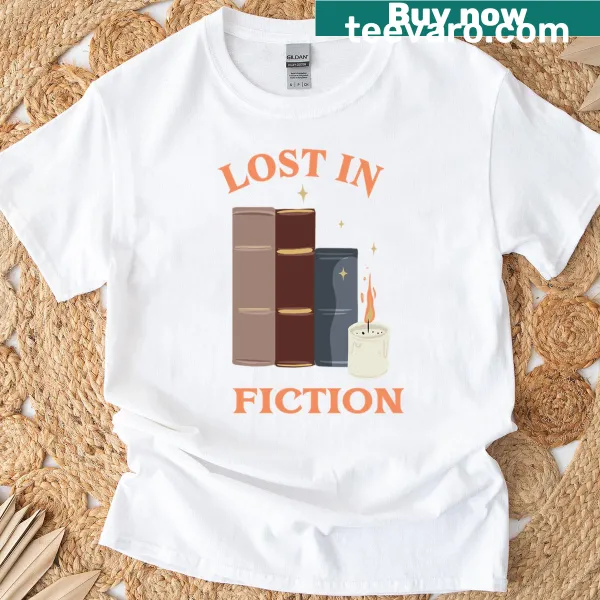 Illustrated T-shirt celebrating the joy of reading with a stack of books