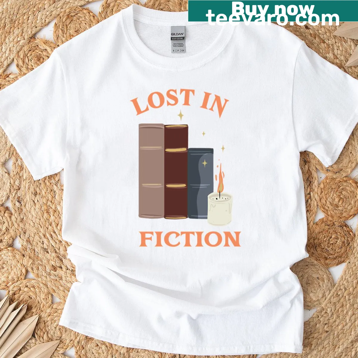 Illustrated T-shirt celebrating the joy of reading with a stack of books — on a men's t-shirt