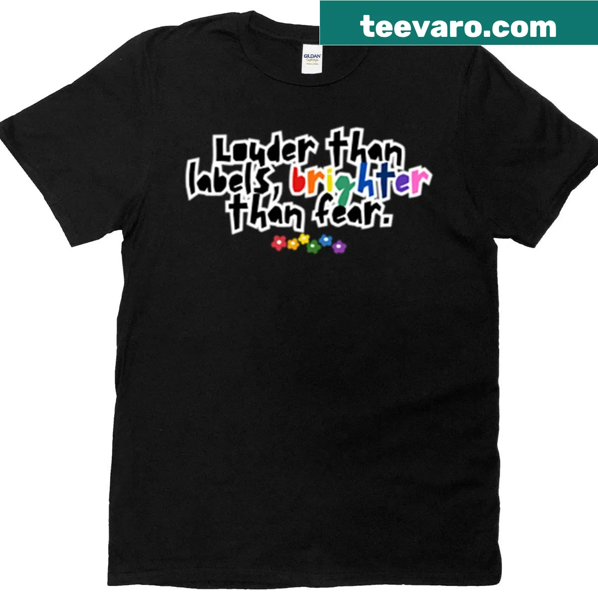 Inspirational LGBTQ pride t-shirt with 'Louder Than Labels' text — on a men's t-shirt