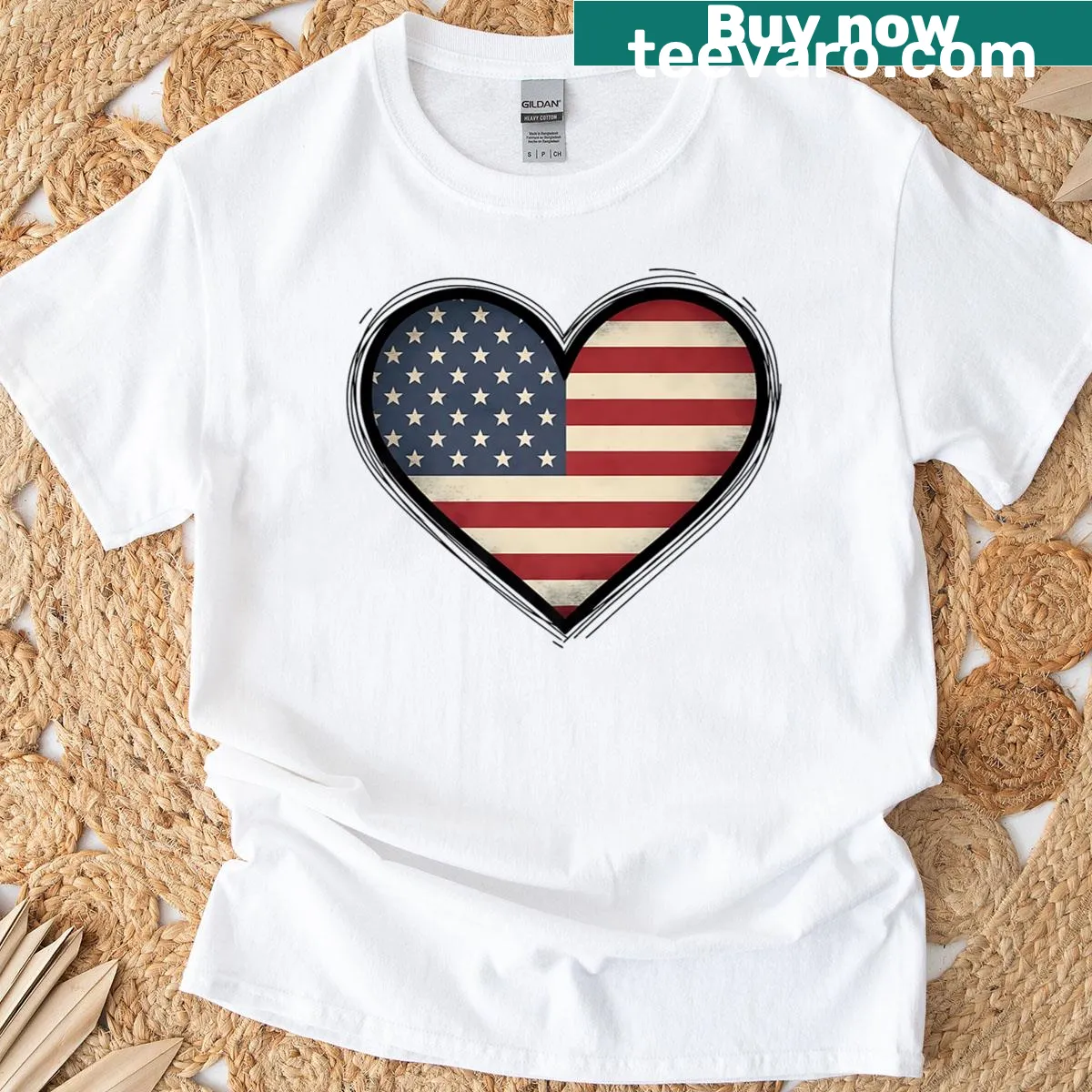 Heart-shaped American flag design T-shirt — on a men's t-shirt