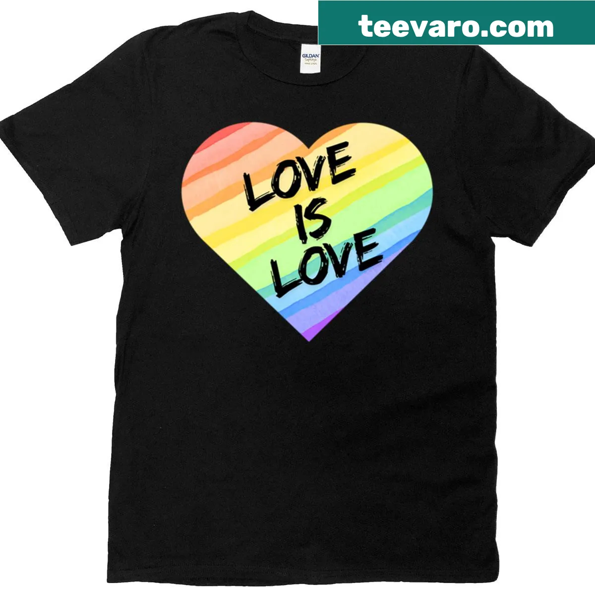 Minimalist t-shirt featuring a rainbow heart design — on a men's t-shirt