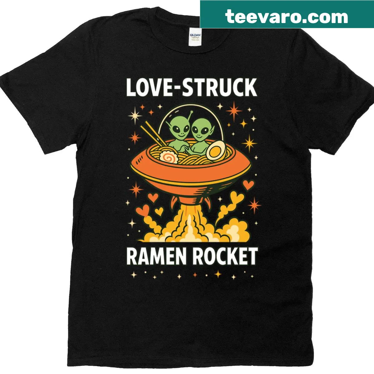 Whimsical illustration of an alien in a ramen rocket ship design — on a men's t-shirt
