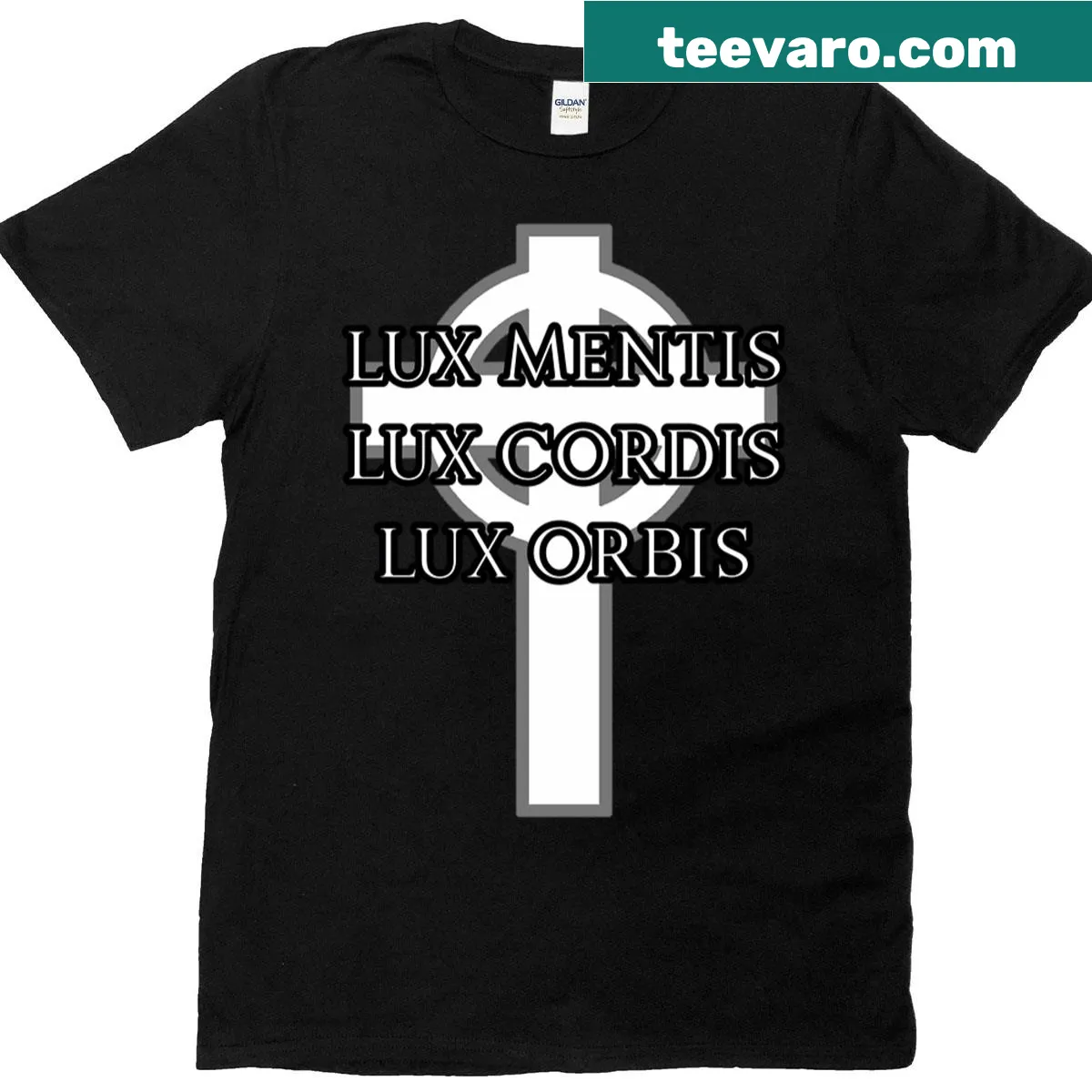 Typographic design featuring Lux Mentis Lux Cordis Lux Orbis — on a men's t-shirt