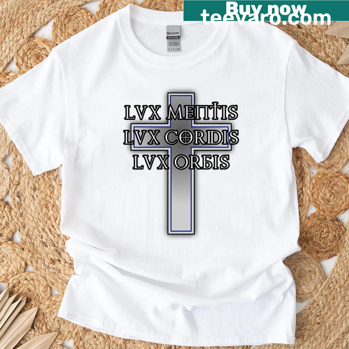 Typographic design featuring 'Lux Mentis Lux Cordis Lux Orbis 3' on a T-shirt — on a men's t-shirt
