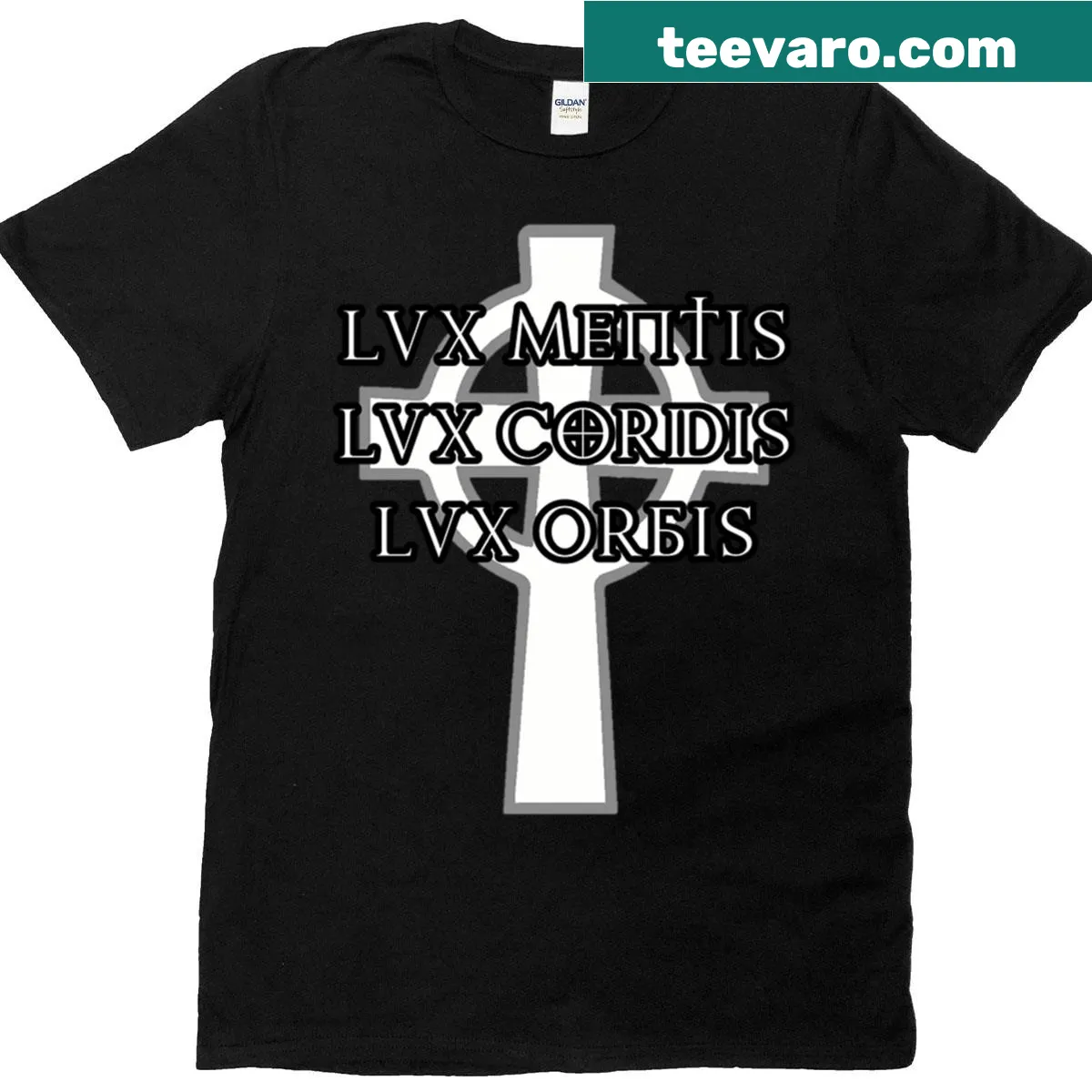 T-shirt featuring 'Lux Mentis Lux Cordis Lux Orbis' in stylish typography — on a men's t-shirt