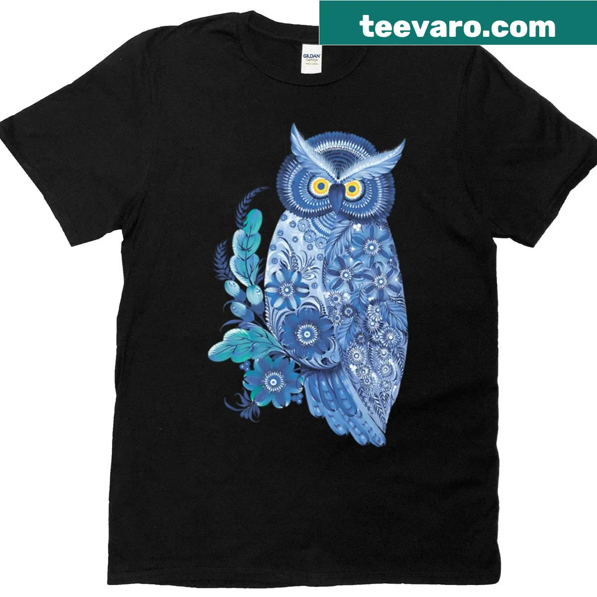 Intricate blue owl illustration in Petrykivka style — on a men's t-shirt