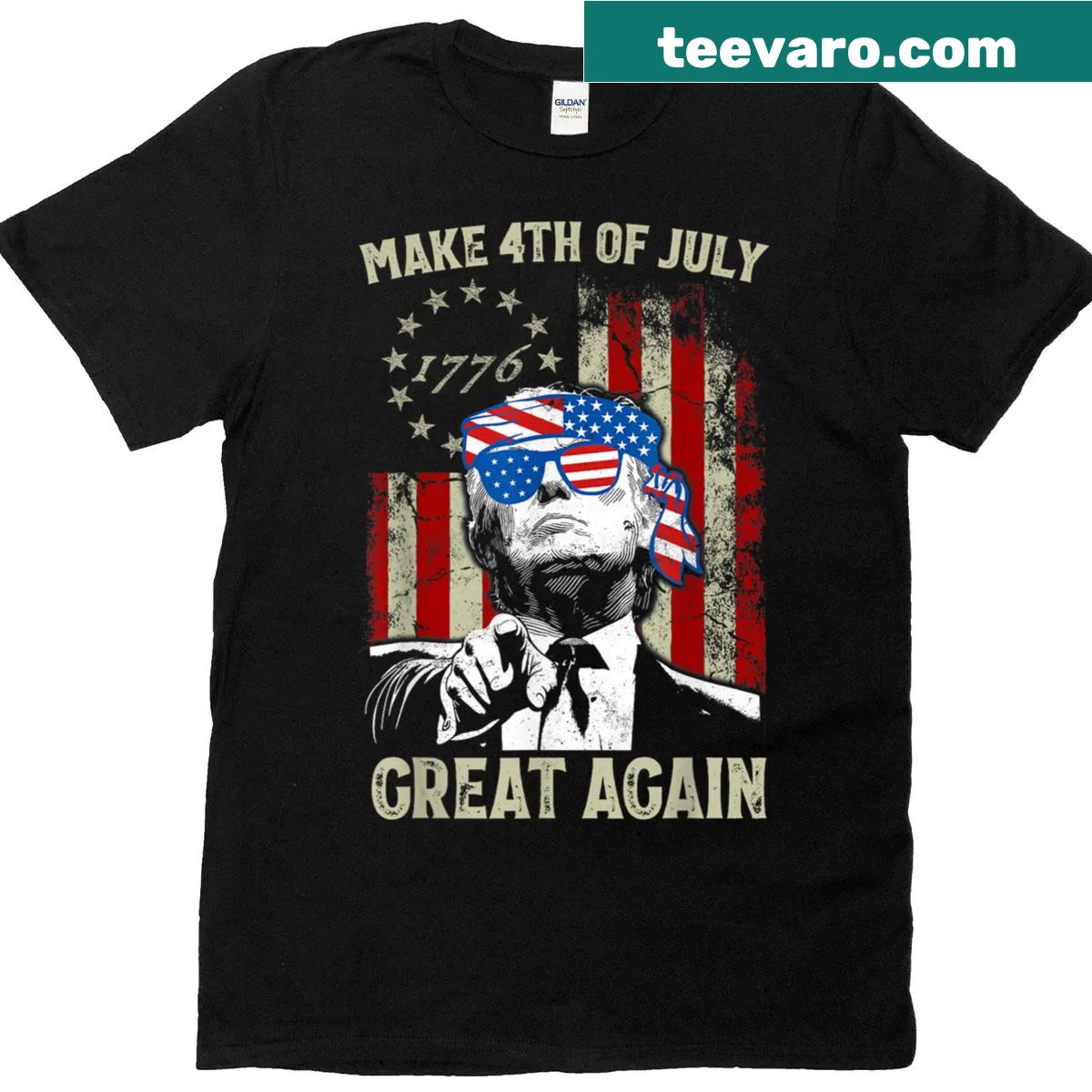 Bold typographic design stating 'Make 4th Of July Great Again' — on a men's t-shirt