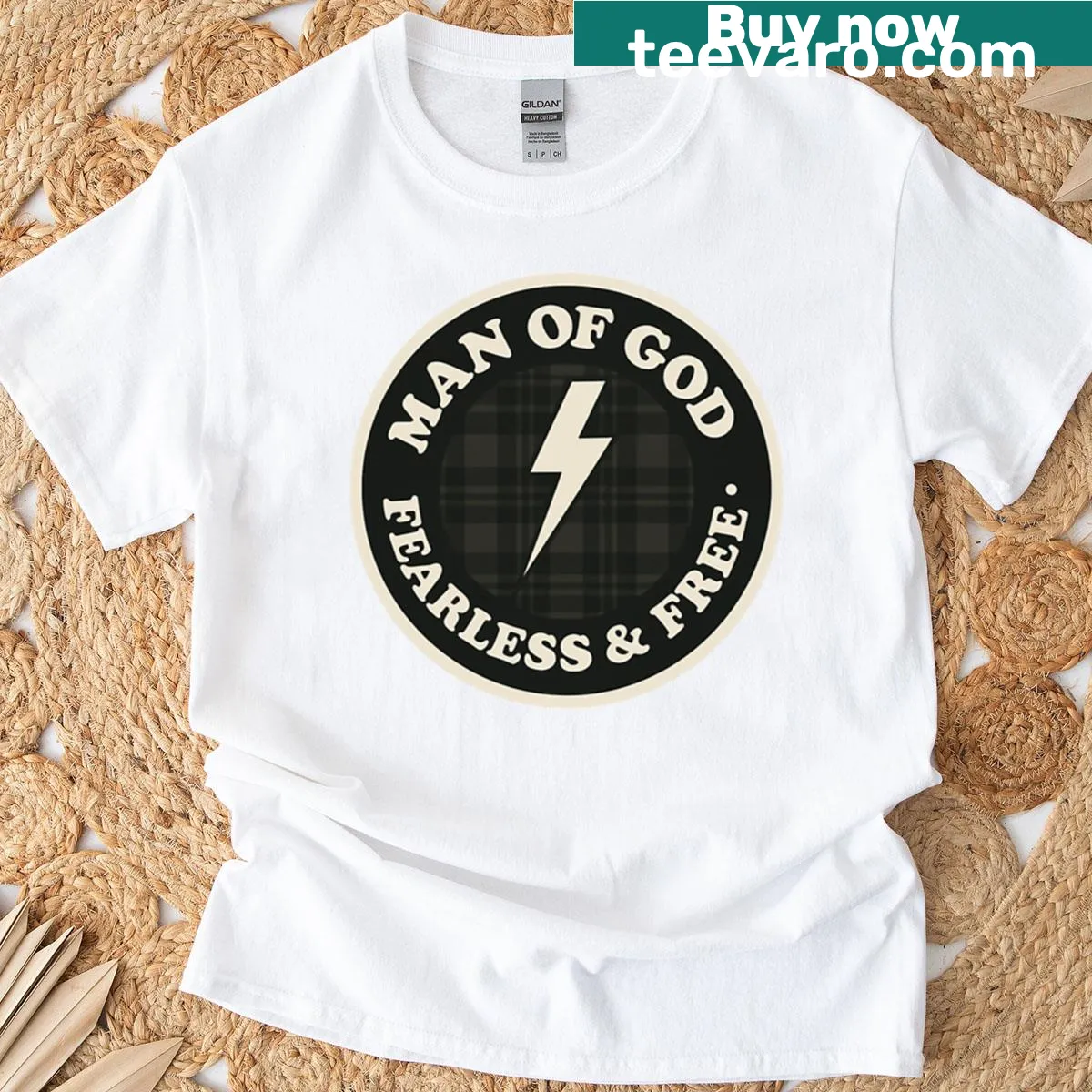 Lightning bolt graphic on a Christian-themed t-shirt for men — on a men's t-shirt