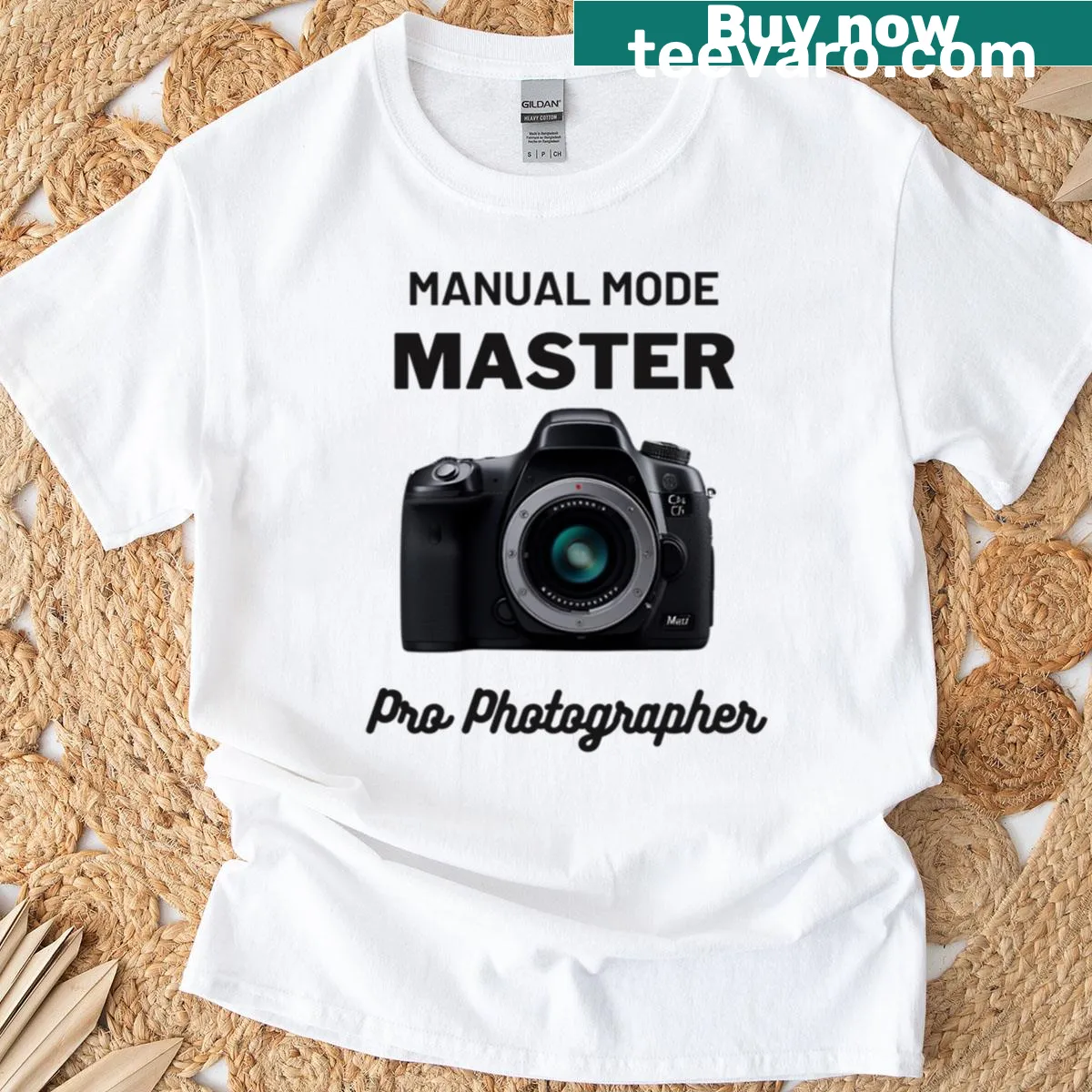 Graphic of a photographer's T-shirt with manual mode theme — on a men's t-shirt