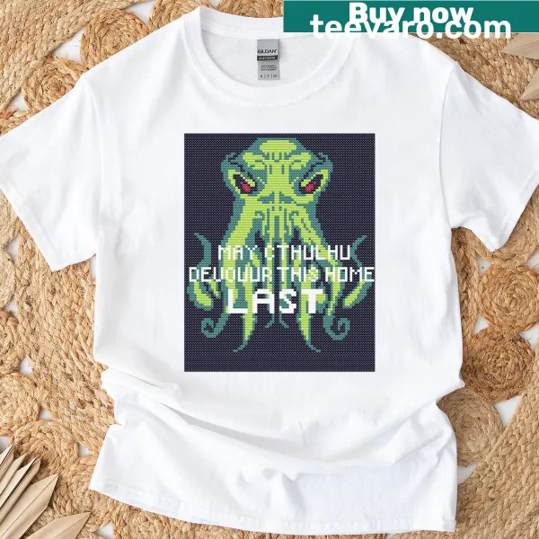 Vintage-style cross-stitch graphic saying 'May Cthulhu Devour This Home' on a t-shirt