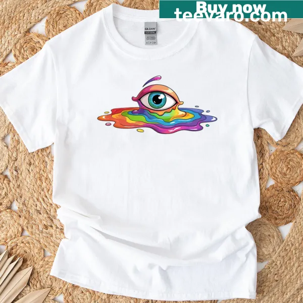 Abstract design of a melting rainbow eye on a t-shirt