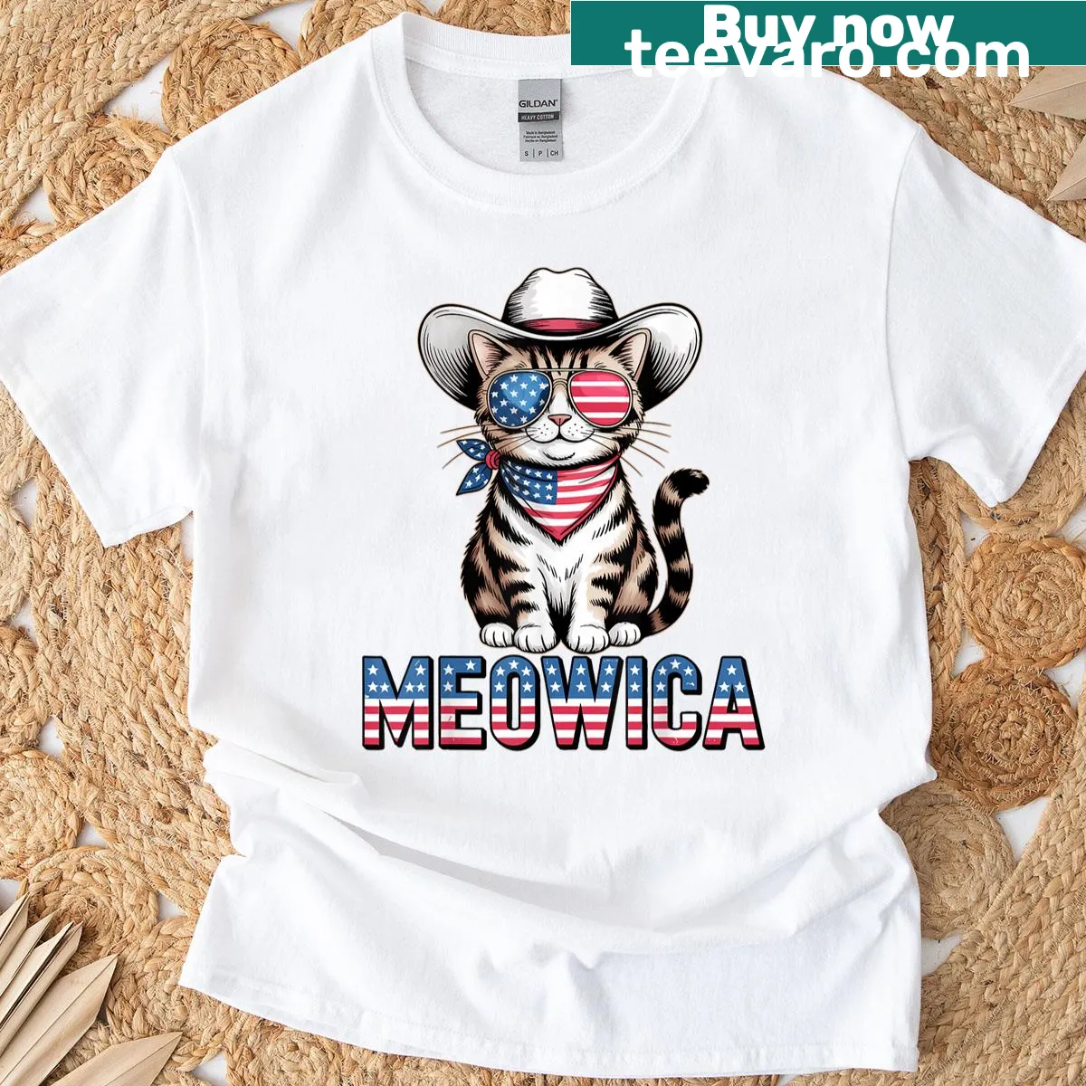 Patriotic cat graphic with USA flag on a funny t-shirt — on a men's t-shirt