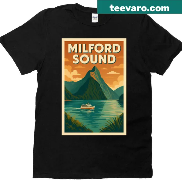 Retro travel poster design of Milford Sound on a T-shirt