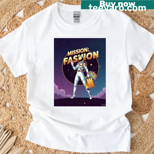 Graphic 'Mission Fashion' text on a playful t-shirt