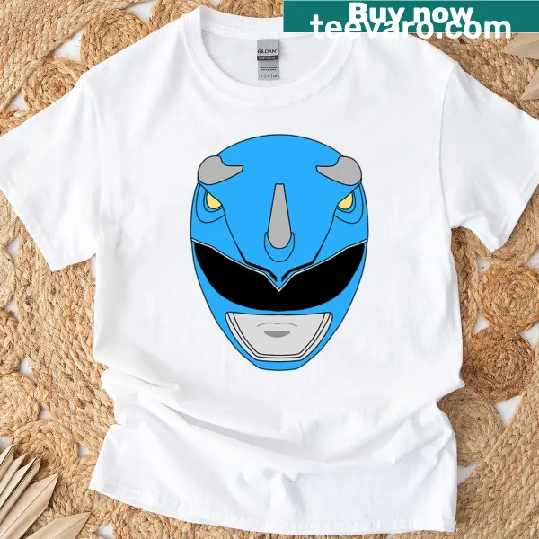Blue Ranger helmet illustration on nostalgic T-shirt