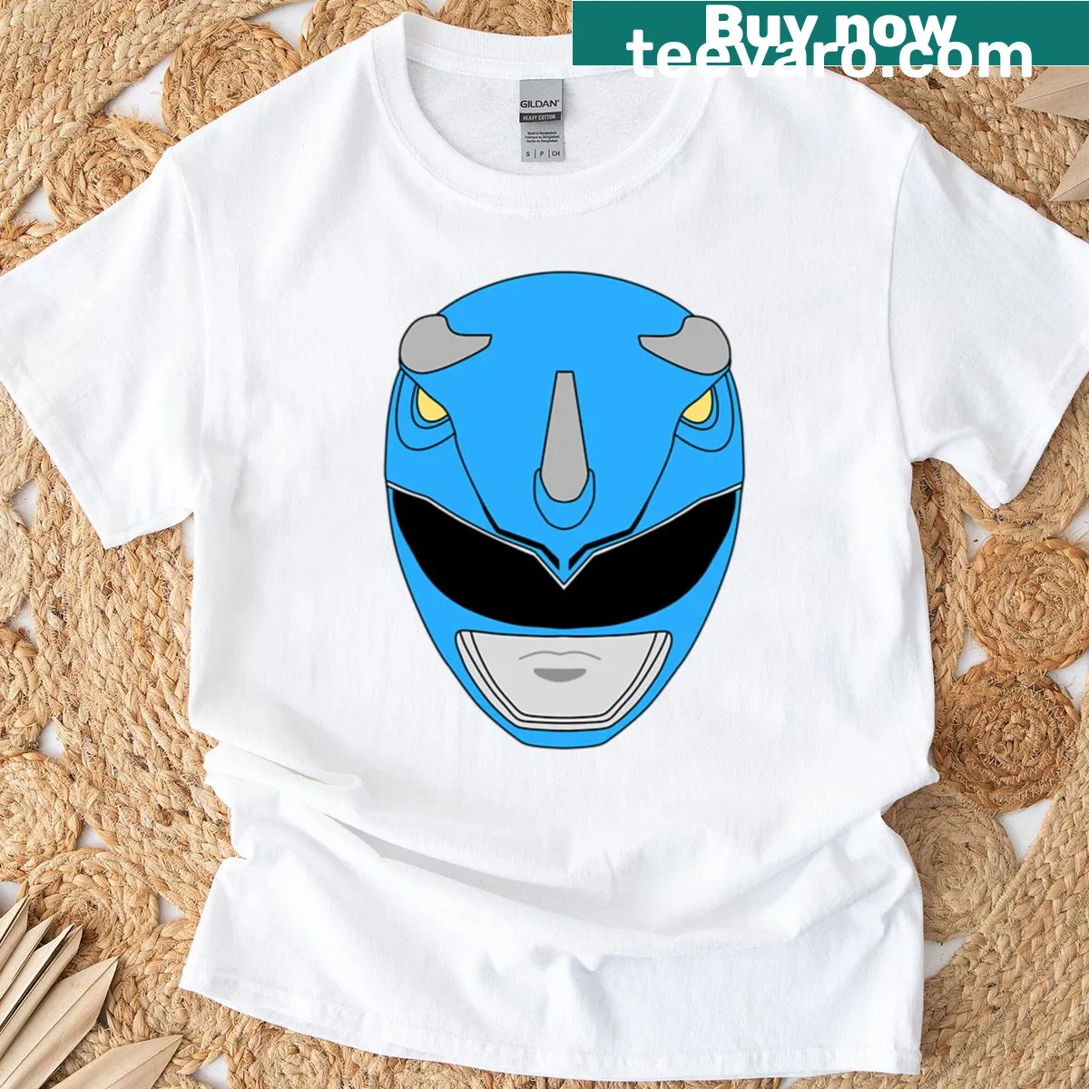 Blue Ranger helmet illustration on nostalgic T-shirt — on a men's t-shirt
