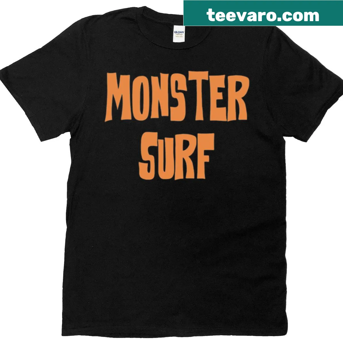 Dynamic monster surfing graphic on a vintage-style T-shirt — on a men's t-shirt