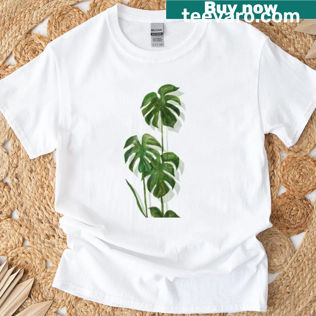 Watercolor Monstera plant graphic T-shirt with transparent design — on a men's t-shirt