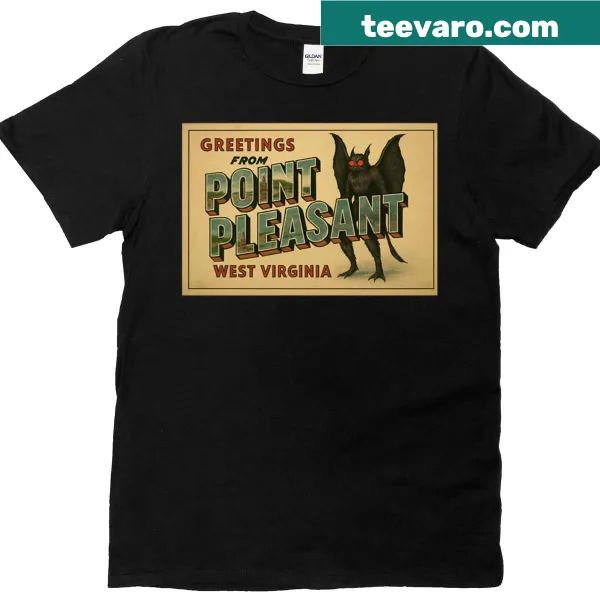Vintage postcard-style t-shirt featuring the Mothman cryptid design