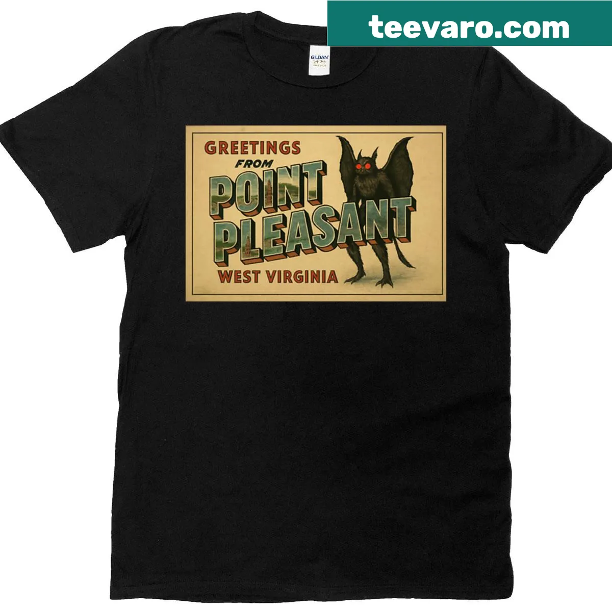 Vintage postcard-style t-shirt featuring the Mothman cryptid design — on a men's t-shirt