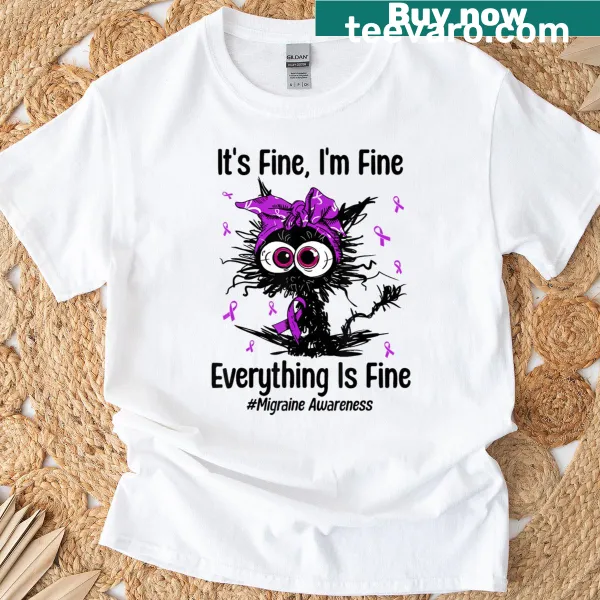 Funny cat graphic with migraine awareness message on a t-shirt