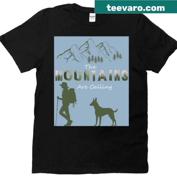 Illustrative t-shirt featuring a Belgian Malinois on a hike