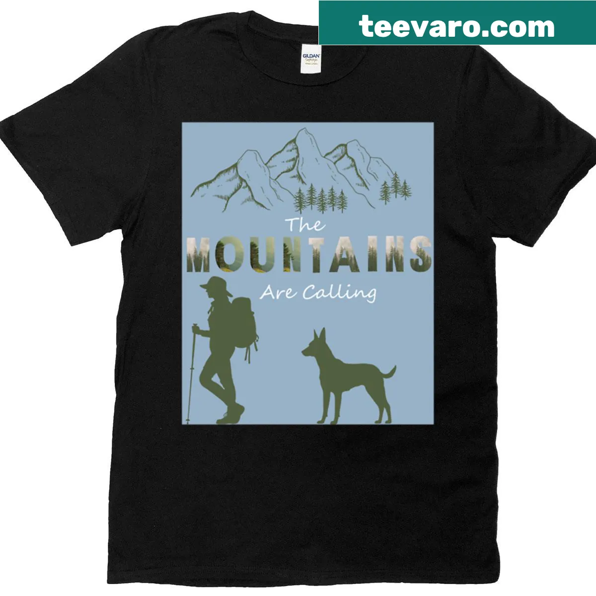 Illustrative t-shirt featuring a Belgian Malinois on a hike — on a men's t-shirt