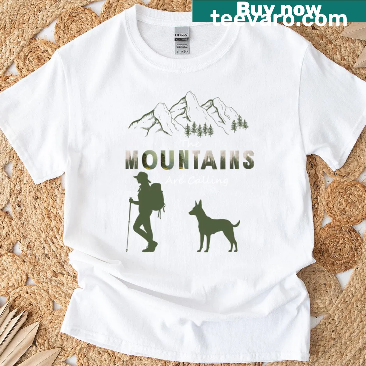 T-shirt with text 'The Mountains Are Calling' in bold typography — on a men's t-shirt