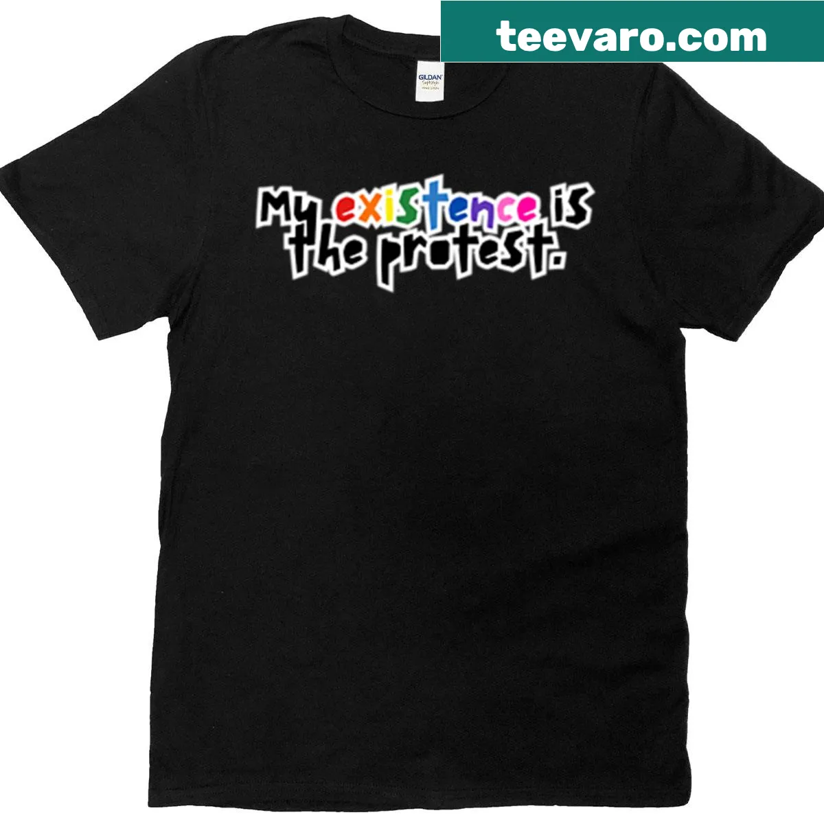 Typography t-shirt with 'My Existence Is The Protest' text — on a men's t-shirt