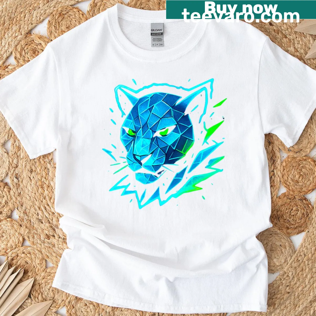 Fierce tiger illustration in a neon jungle setting. — on a men's t-shirt