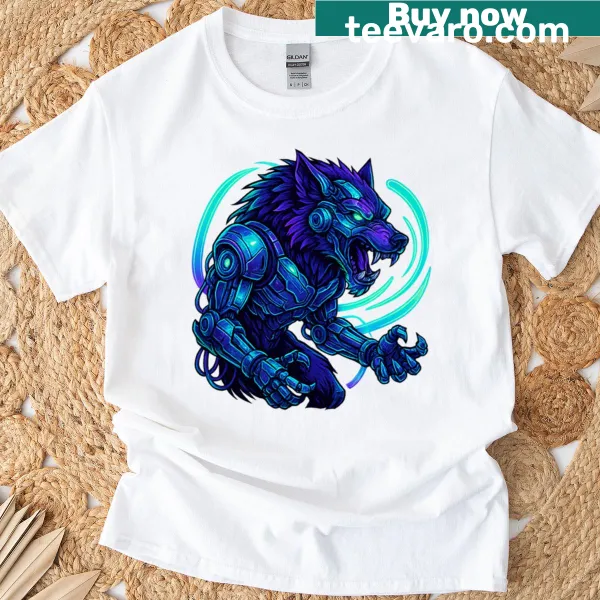 Futuristic neon cyber wolf illustration on T-shirt