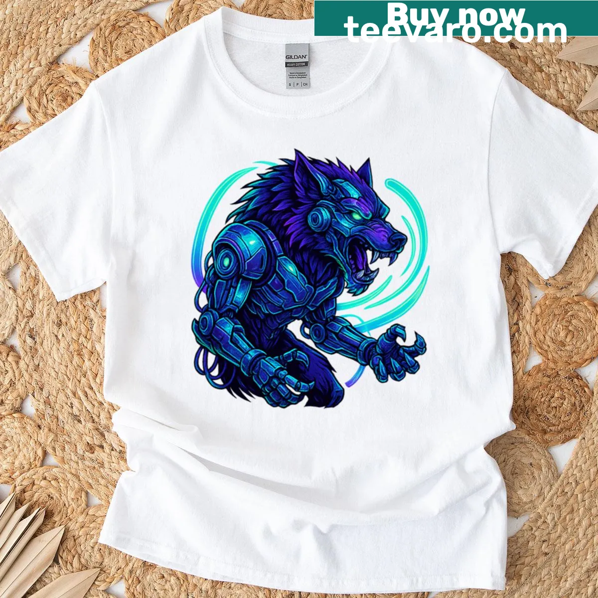 Futuristic neon cyber wolf illustration on T-shirt — on a men's t-shirt