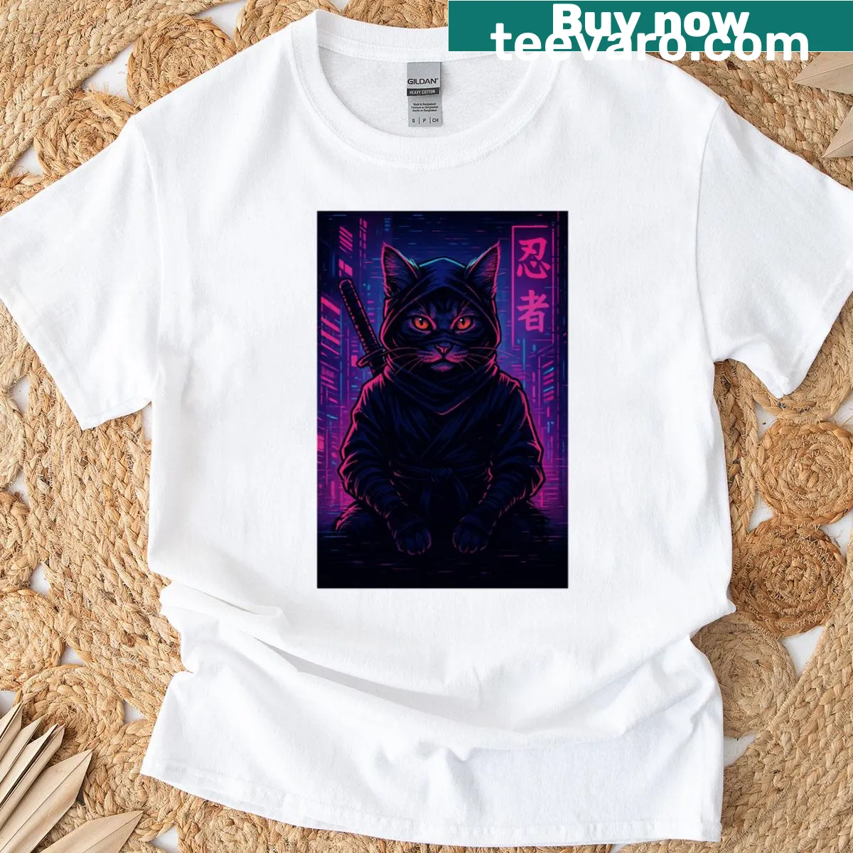 Ninja cat graphic in Tokyo night scene on a T-shirt — on a men's t-shirt
