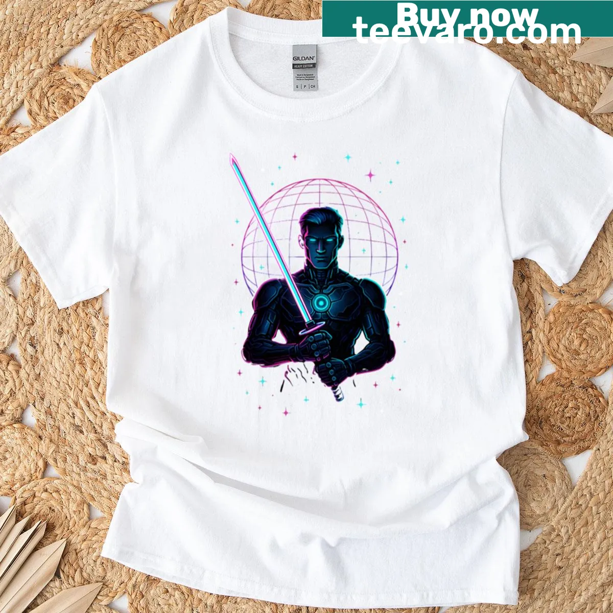 Neon ronin warrior graphic on a futuristic T-shirt — on a men's t-shirt